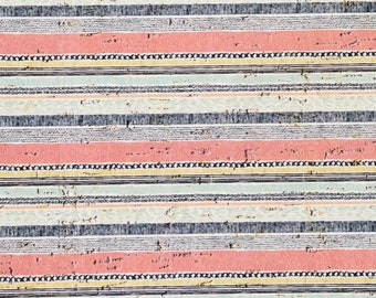CORK 12"x12" PASTEL BOHO Drawn Stripes Coral Seafoam with Leather backing Thick 5.5oz/2.2mm PeggySueAlso® E5610-440