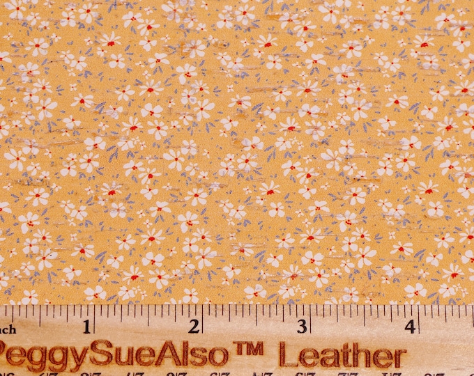 CoRK 3-4-5 or 6 sq ft PEACH and WHITE WILDFLOWERS applied to cowhide Thick 5.5oz/2.2mm PeggySueAlso E5610-314