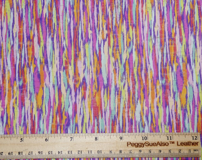 CoRK 12"x12" Bright PSYCHEDELIC ART Rainbow STRIPED / Stripes applied to CoRK on Leather Thick 5.5-6oz/2.2-2.4mm PeggySueAlso E5610-175A