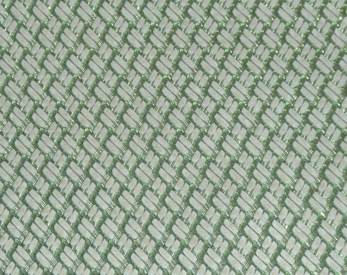 Basket Weave 8"X10" IVORY on MENTHOL Green Metallic Embossed Cowhide Leather 3.5 oz/1.4 mm PeggySueAlso E7800-03