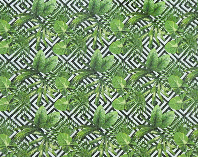 Leather 5"x11" Green Tropical Leaves on Black Geometric Squares Cowhide 2.75-3 oz/1.1-1.2 mm PeggySueAlso™ E1430-02