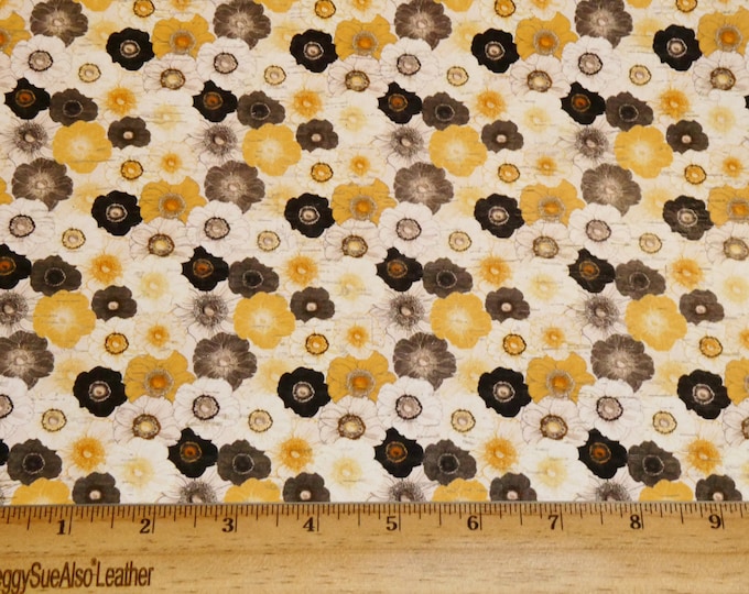 CORK 5"x11" ANEMONES Botanical flowers Gold, BLack, Gray, orange and white Cork applied to Leather Thick 5.5oz/2.2mm E5610-460