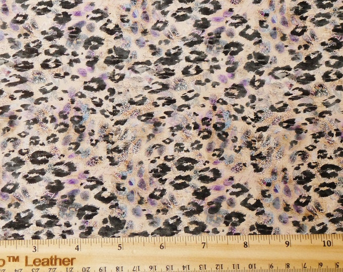 CORK 5"x11" LEOPARD FESTIVAL purple blue black tan on Cork applied to Cowhide Thick 5oz/2mm PeggySueAlso® E5610-163