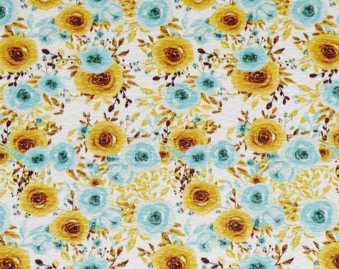 Leather 12"x12" Roses in Gold Yellow and Turquoise Watercolor Flowers Cowhide 3.5-3.75 oz/1.4-1.5 mm PeggySueAlso® E1430-06 hides available