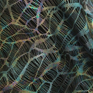 May include: Black fabric with a iridescent, glittery, woven pattern of overlapping lines and curves.
