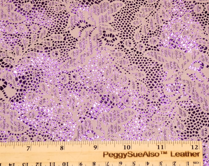 Suede Leather various sizes (old dye lot) PURPLE Metallic Floral LACE Look on Lilac cowhide 3-3.25oz /1.2-1.3 mm #732 PSA E1679-03 CL0SEOUT