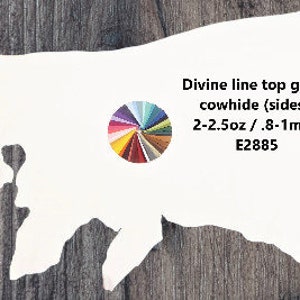 May include: A white cowhide leather hide with a color chart of different leather colors. The text reads "Divine line top grain cowhide (sides) 2-2.5oz / .8-1mm E2885"