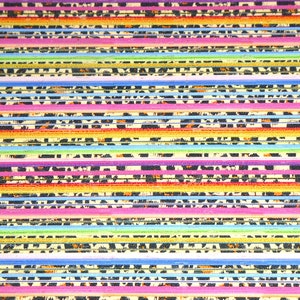 May include: A close-up of a colorful striped fabric with a repeating pattern of black and white animal print. The fabric is made of a variety of materials, including cotton, silk, and linen.