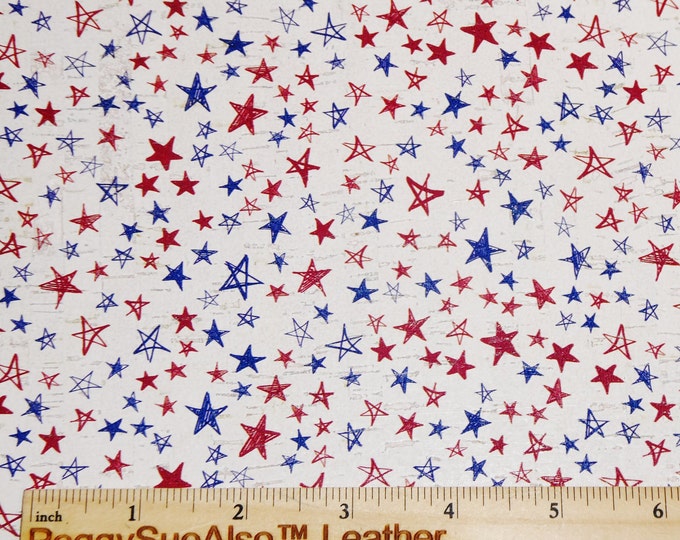 Cork 8"x10" Hand Drawn STARS Red, Blue on WHITE Cork applied to cowhide Leather Thick 5.5oz/2.2mm #371 PeggySueAlso® E5610-448