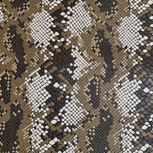 May include: Close-up of a snakeskin pattern. The design features a repeating pattern of scales in shades of brown, black, and white. The texture appears to be leather or a similar material, with a slight sheen.