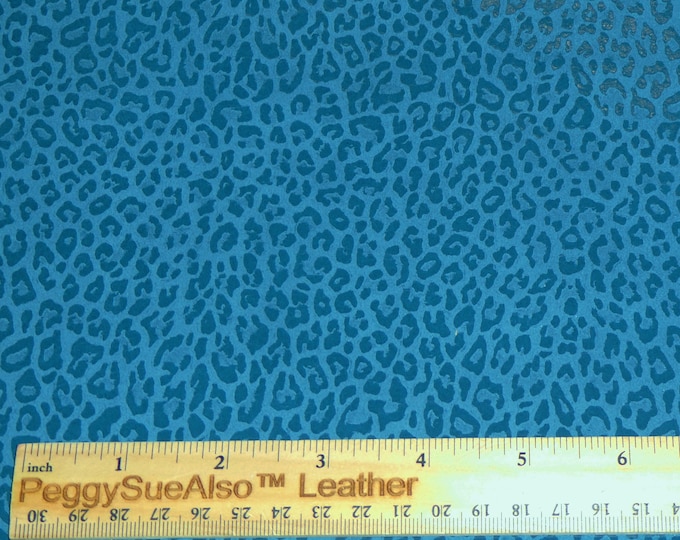 Leopard Metallic 8"x10" TEAL Blue on SHINY TEAL Cowhide Leather (not suede) 3.5-4 oz / 1.4-1.6 mm PeggySueAlso E2550-62