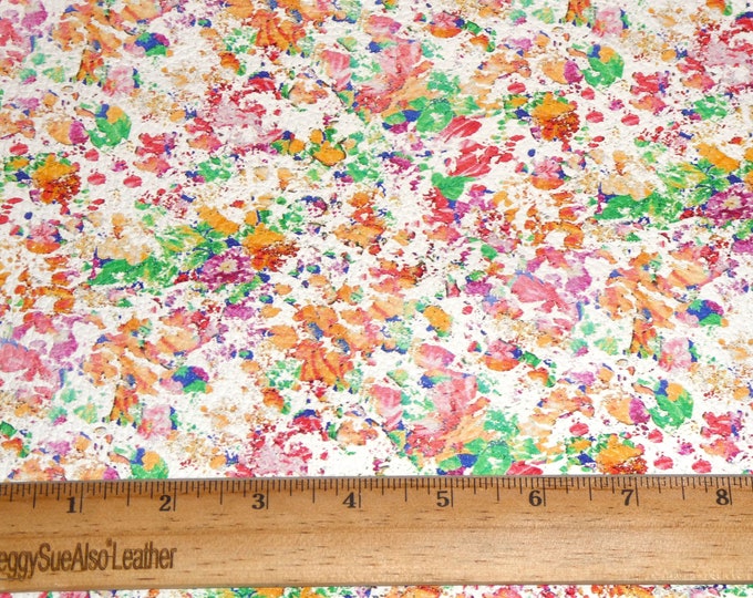 Leather 8"x10" FLORAL GRAFFITI on WHITE orange pink green purple mustard blue Cowhide 3.25-3.5 oz/1.3-1.4 mm #534 PeggySueAlso E7700-04