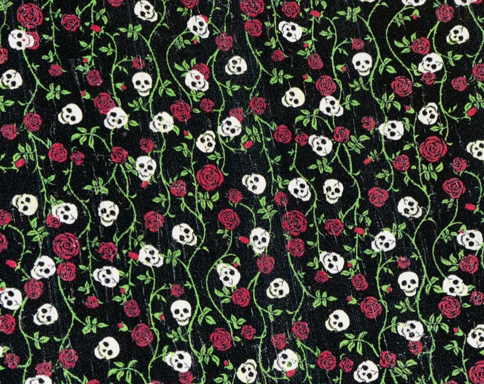 CORK 3-4-5 or 6 sq ft LOVABLE SKULLS and Roses on Black Cork applied to Black Leather 5-5.5oz/2-2.2 mm E5610-353 Halloween Mardi Gras