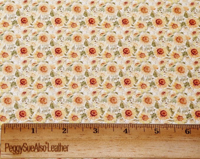 Leather 3-4-5 or 6 sq ft HAPPY SUNFLOWERS gold yellow green on white cowhide 3.5-4 oz / 1.4-1.6 mm PeggySueAlso E1430-07