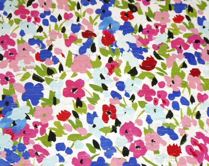 CoRK 3-4-5-6 sq ft RAINBOW FIELD of Flowers Royal & Light blue, Dusty Pink, Hot pink, Green Cork applied to Leather 5.5oz/2.2mm E5610-577