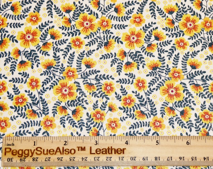 Leather 2 pieces 4"x6" Golden JASMINE Mustard yellow with Navy Flowers on Cowhide 3.75-4oz /1.5-1.6 mm PeggySueAlso® E1133-09