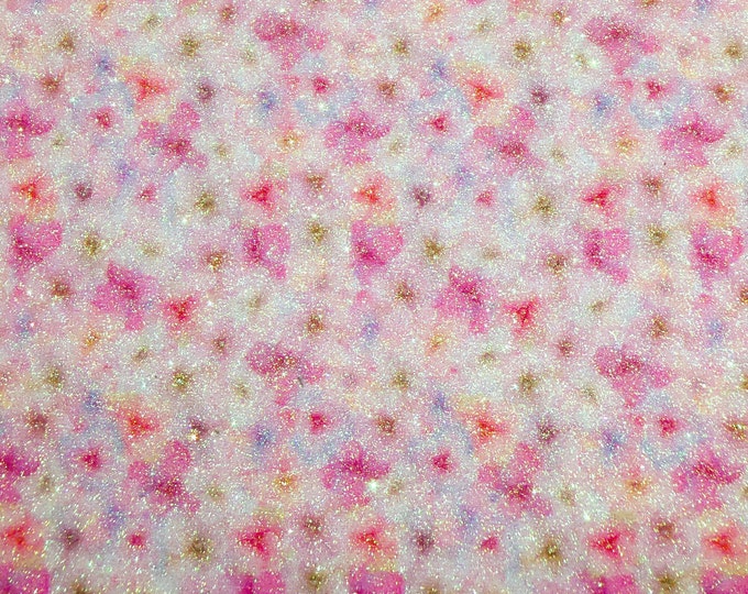 FINE Glitter 12"x12" BUTTERFLY FLOWERS in Pink Glitter Fabric applied to Leather Thick 5.5-6oz /2.2-2.4 mm PeggySueAlso® E4360-14