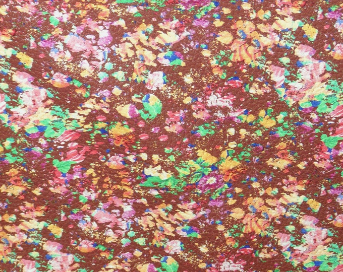 Leather 3-4-5-6 sq ft FLORAL GRAFFITI on Chocolate BROWN orange pink green purple mustard blue Cowhide 3.5 oz/1.4 mm PeggySueAlso E7700-05