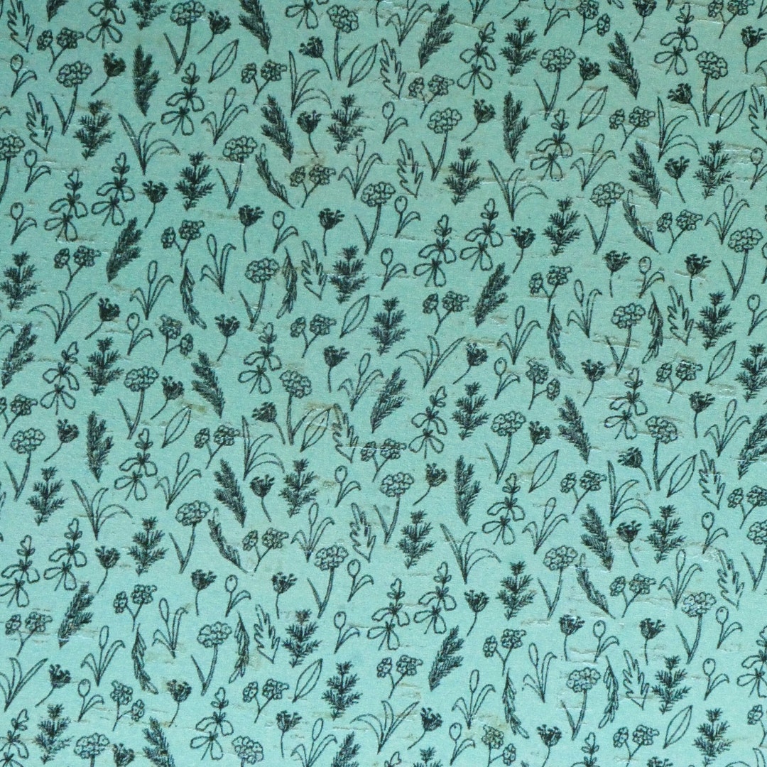 Cork 3-4-5 or 6 Sq Ft Sketched AQUA / MINT MEADOW With Black Flowers on ...