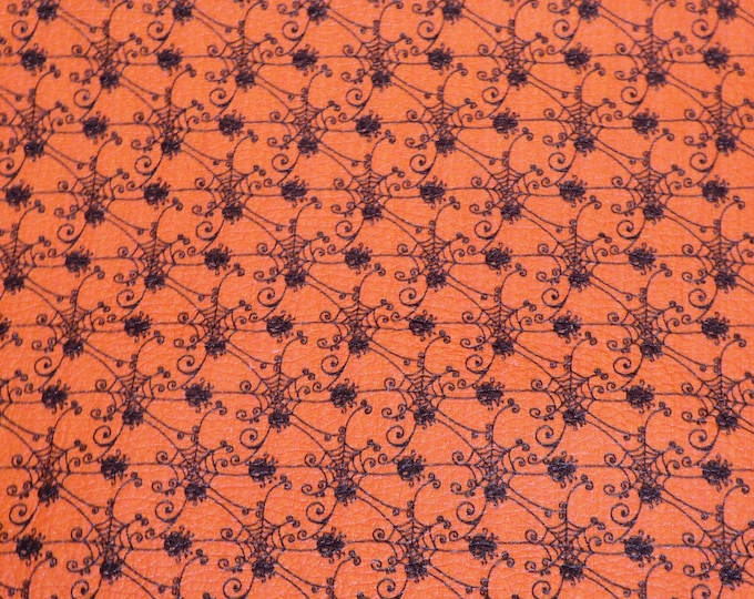 Leather 3 pieces of 4"x6" Black SPIDERS and WEBS on ORANGE Cowhide 3.5-3.75oz/1.4-1.5 mm PeggySueAlso® E4601-22 Halloween