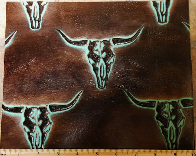 Leather 5"x11" Texas LONGHORN Cattle Skulls Seal BROWN / Turquoise  Cowhide 2.5-3 oz /1-1.2 mm #205 PeggySueAlso™ E2400-05 Hides too