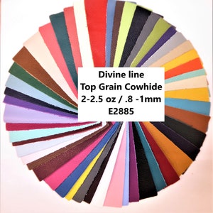 May include: A circular fan of rectangular top grain cowhide leather swatches in a wide variety of colors. A white label in the center displays the text: Divine line, Top Grain Cowhide, 2-2.5 oz / .8 -1mm, E2885. The leather pieces have a textured finish.