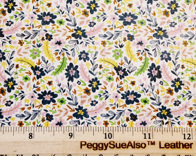 CoRK Version 3-4-5 or 6 sq ft GENTLE FLORAL on WHITE  w/ green pink navy yellow Flower  Cork applied to Leather Thick 5.5oz/2.2mm E5610-261