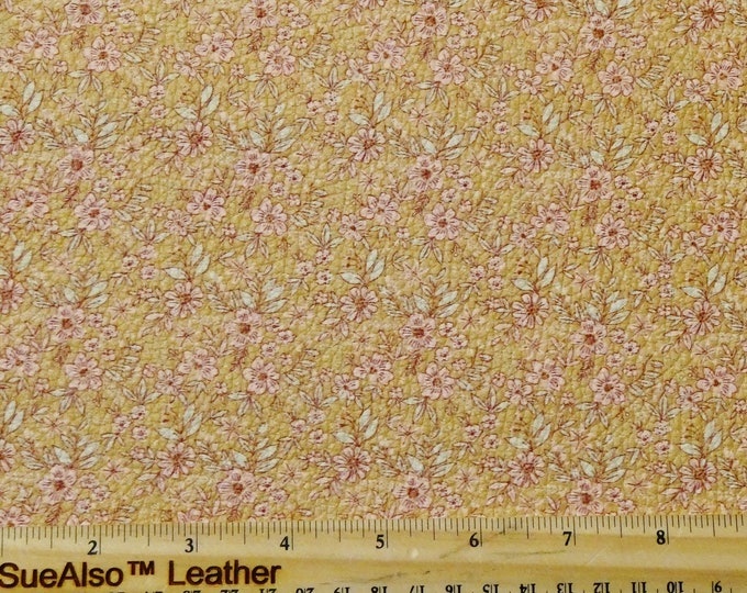 Leather 8"x10" GOLDEN FLORAL PASTURE print with Pink Flowers, mint leaves Cowhide Fairly thick 4 oz / 1.6 mm PeggySueAlso E1197-02