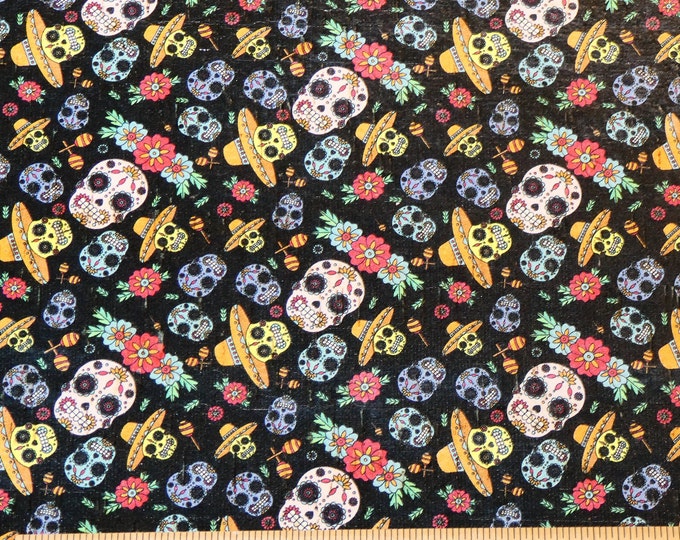 CORK 5"x11" DAY of the DEAD Skulls Cork on Leather 4-4.25/1.6-1.7 mm PeggySueAlso® E5610-352 Halloween Mardi Gras