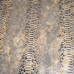 May include: Close-up of a silver and gold snakeskin patterned fabric. The fabric has a textured surface and a repeating pattern of scales.