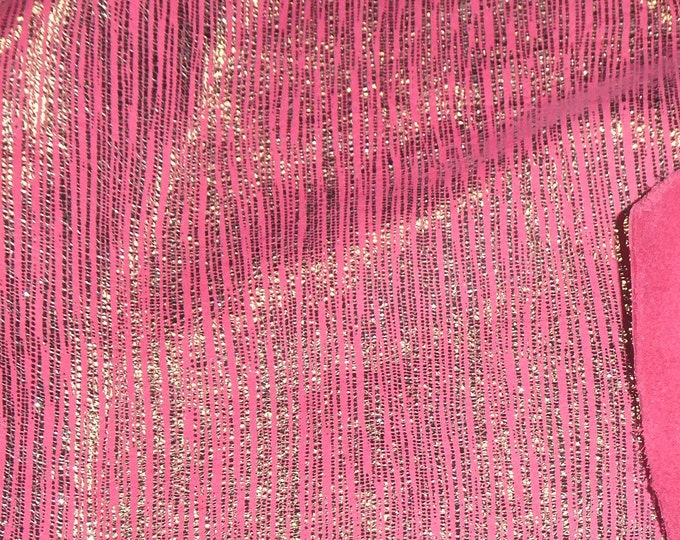 Rainy Day 3-4-5 or 6 sq ft SILVER / white gold Metallic stripes on HOT PINK Suede Very soft Leather 2.5-3oz/1-1.2mm PeggySueAlso® E1030-23