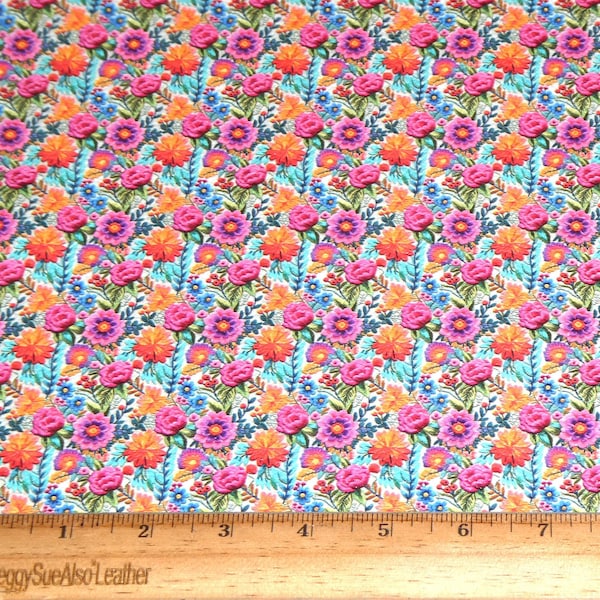 Leather 12"x12" BRIGHT FOLK Floral Pink, Orange, blue Flower Garden Embroidery Look Cowhide 3.5-4oz / 1.4-1.6 mm PeggySueAlso® E7850-12