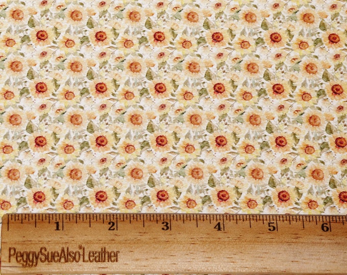 Leather 5"x11" HAPPY SUNFLOWERS gold yellow green on white cowhide 3.5-4 oz / 1.4-1.6 mm PeggySueAlso E1430-07