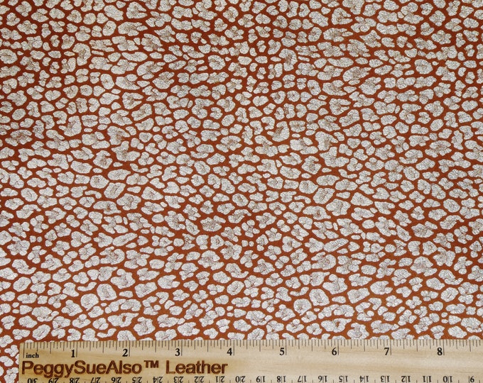 Shimmery Leopard 12"x12" IRIDESCENT Silver Metallic on RUST Suede Cowhide Leather 2.75-3 oz / 1.1-1.2 mm PeggySueAlso E2550-35