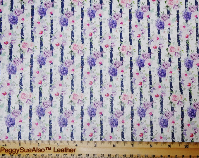 Leather 5"x11" LAVENDER & Pink Flowers on Navy and White STRIPES Cowhide 3.25-3.5oz/1.3-1.5mm PeggySueAlso E1672-01 Hides too