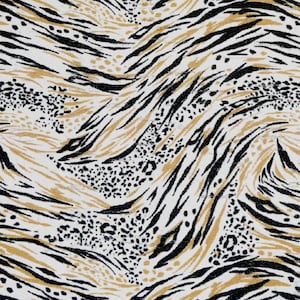 May include: Abstract pattern with swirling black, white, and gold stripes and black spots.