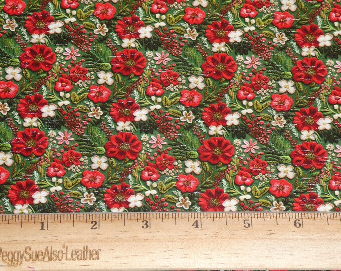 CoRK 8"x10" RED and GREEN CHRISTMAS Floral Cork with Leather backing Thick 5.5oz/2.2mm PeggySueAlso® E5610-603