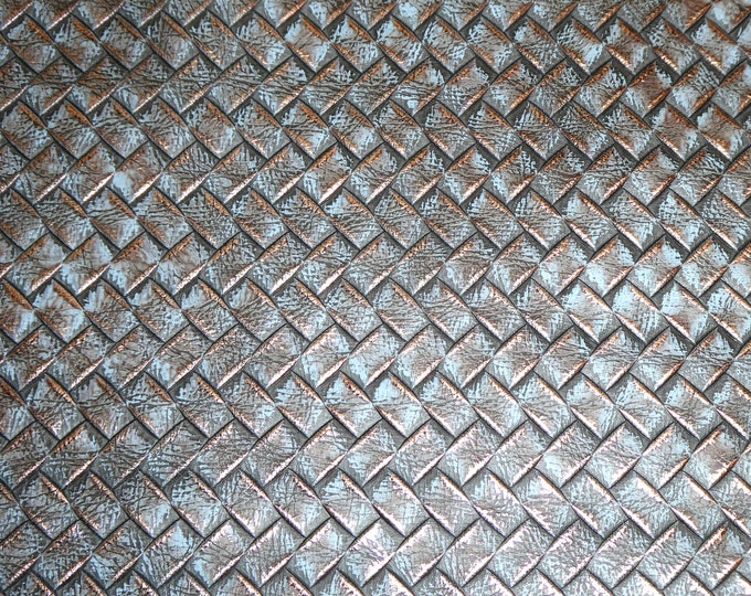 Brick Weave 8"x10" ANTIQUE Rose Gold Metallic on Blue Gray TEXTURED Cowhide Leather 2.5-2.75oz /1-1.1mm PeggySueAlso® E3837-01 denim