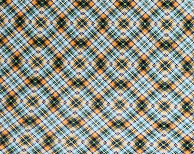 Cork 5"x11" TARTAN PLAID Orange, Green, Light Blue applied to Leather 3/4 inch squares Thick 5.5oz/2.2mm PeggySueAlso E5610-479