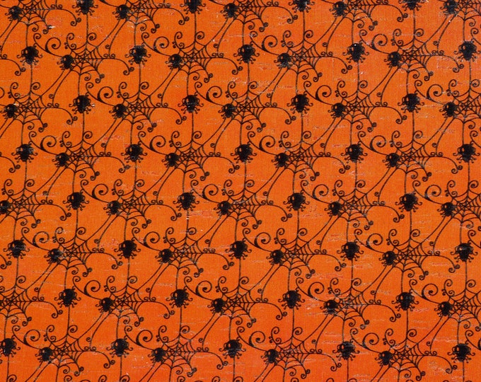 Cork 12"x12" ORANGE with BLACK SPIDERS and webs Applied to Leather Thick 5.5oz/2.2mm PeggySueAlso® E5610-478 Halloween