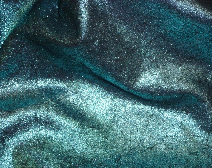 Vintage Crackle 12"x12" Light TURQUOISE Blue Metallic on BLACK Calfskin Leather 2.5-3 oz / 1-1.2 mm PeggySueAlso® E2844-02