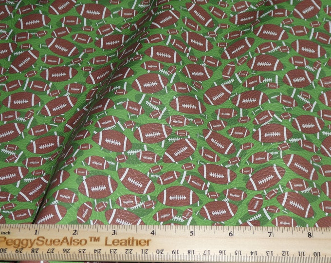 Leather 12"x12" FOOTBALLS on GREEN (largest footballs are 1.25" across) cowhide 2.5-3 oz / 1-1.2 mm PeggySueAlso E1230-02  hides available