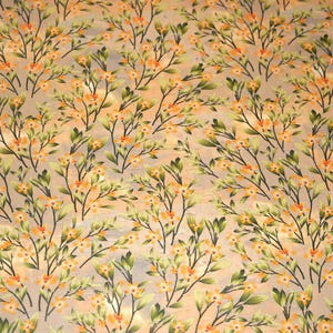 May include: A seamless pattern featuring delicate orange flowers and green leaves on a light peach background.