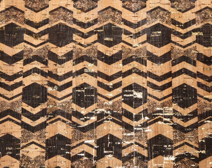 Cork 12"x12" BLACK CHEVRON with gold flecks on NATURAL Cork applied to Leather for body/strength Thick 5.5oz/2.2 mm PeggySueAlso E5610-251