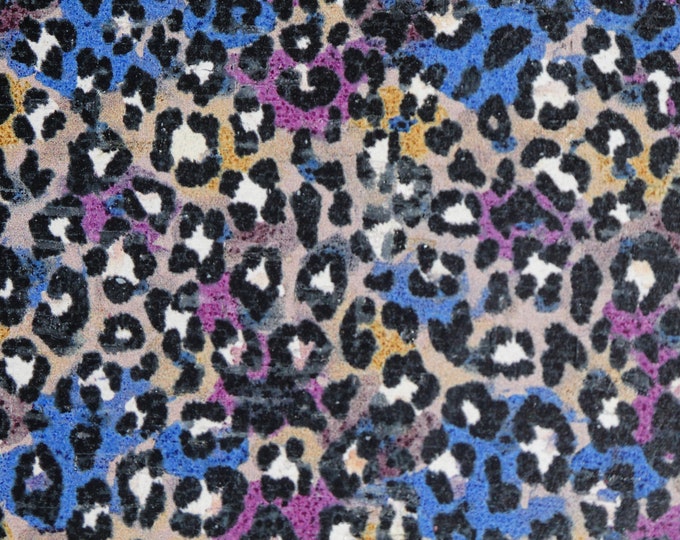 Cork 12"x12" Tiny Leopard PURPLE and BLUE on TAN Cork applied to leather Thick 5.5oz/2-2.2 mm PeggySueAlso E5610-198