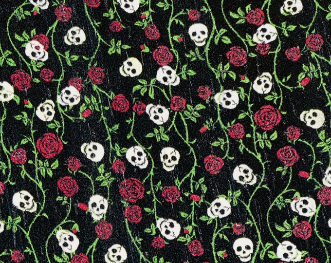 CORK 12"x12" LOVABLE SKULLS and Roses on Black Cork applied to Black Leather 5-5.5oz/2-2.2 mm E5610-353 Halloween Mardi Gras