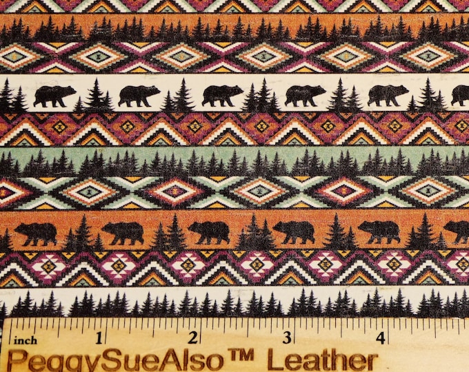 Cork 8"x10" TRIBAL BEAR BLANKET on cork applied to Leather Thick 5.5oz/2.2mm PeggySueAlso® E5610-394