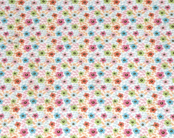 Cork 5"X11" DAINTY BOHO BLISS Floral Pastels white green, blue, pink, orange on CoRK applied to leather 5.5oz/2.2mm PeggySueAlso® E5610-571