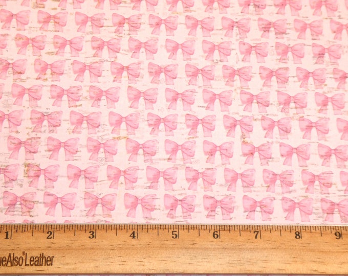 CoRK 3-4-5-6 sq ft Pink BOWS on light Pink Cork applied to cowhide leather 4.5 oz / 1.8 mm PeggySueAlso® E5610-629 Hair Bows Breast Cancer