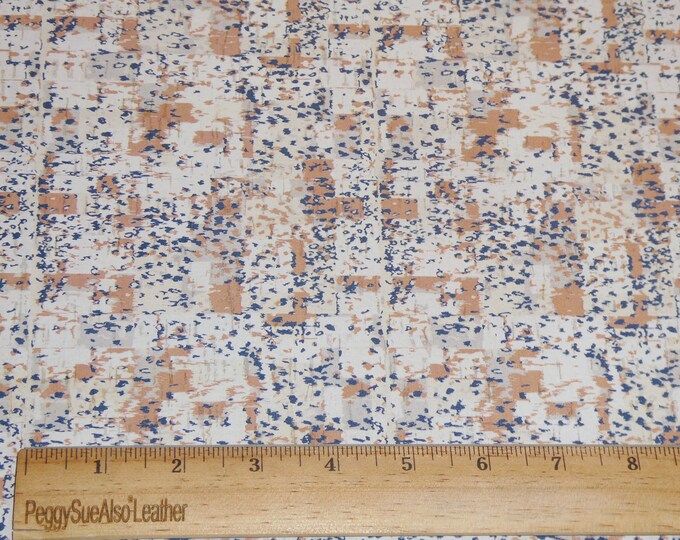 Cork 2 pieces 4"x6" DECORATIVE TEXTILE CONCEPT Navy Coral Cream White applied to Cowhide Thick 5.5-6oz/2.2-2.4mm PeggySueAlso® E5610-535